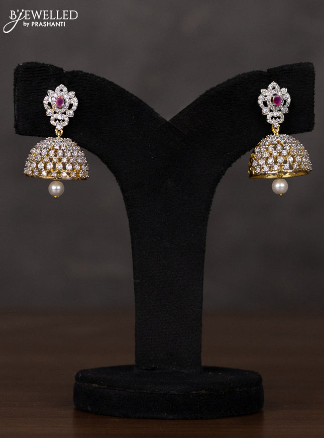 Zircon haaram with ruby & cz stones and pearl hangings in gold finish