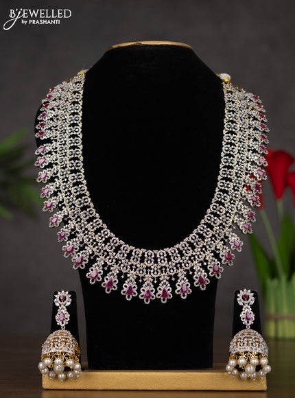 Zircon haaram with ruby and cz stones in gold finish