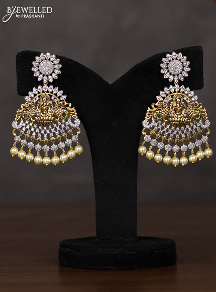 Zircon haaram lakshmi design with emerald & cz stones and pearl hangings in gold finish