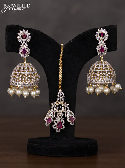 Zircon haaram with maang tikka and ruby & cz stones in gold finish