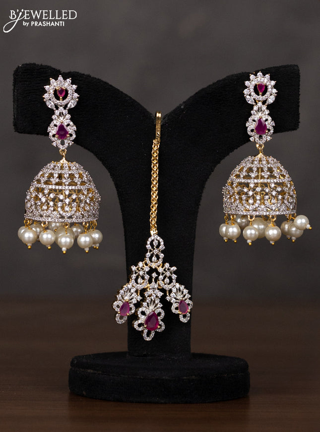 Zircon haaram with maang tikka and ruby & cz stones in gold finish