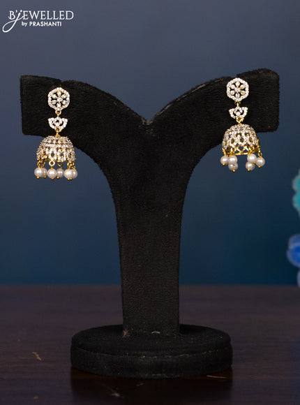Zircon haaram with ruby & cz stones and pearl hangings in gold finish