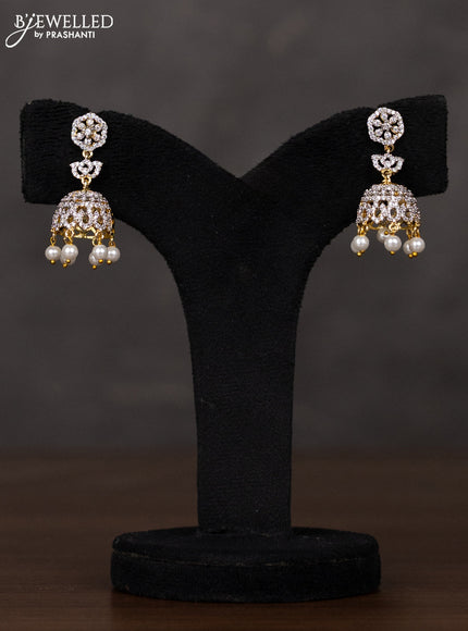 Zircon haaram with emerald & cz stones and pearl hangings in gold finish