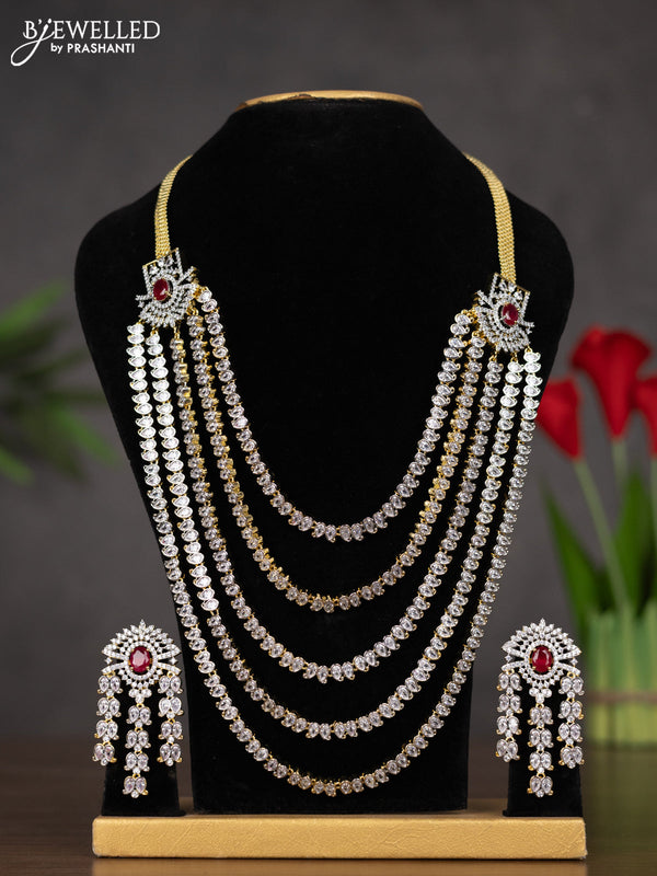 Zircon multilayer haaram with ruby and kundan & cz stones and in gold finish
