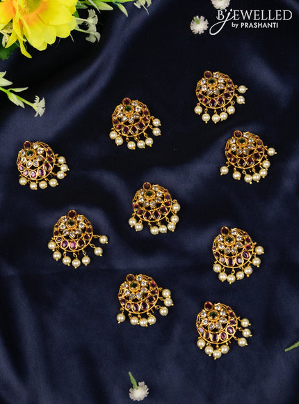 Jada billai with 9 pieces floral style deisgn in multicolor kemp stones and pearl hanging