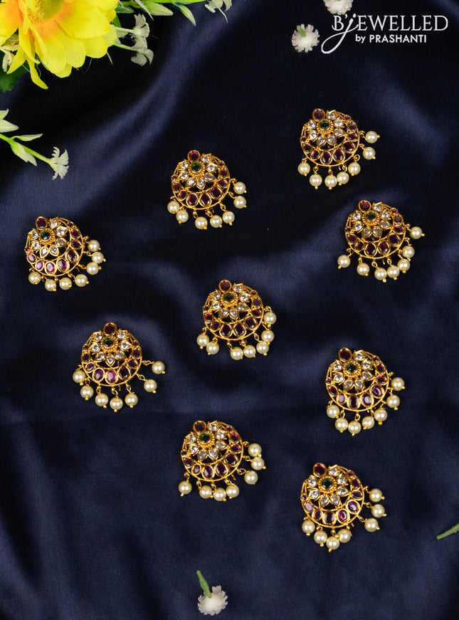 Jada billai with 9 pieces floral style deisgn in multicolor kemp stones and pearl hanging