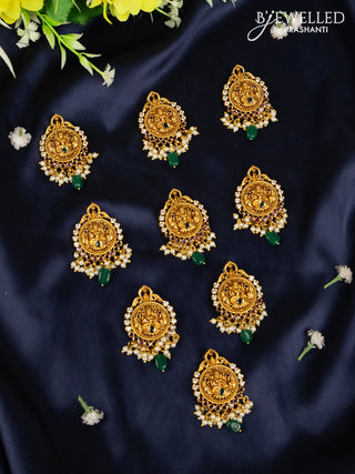 Jada billai with 9 pieces lakshmi style deisgn in multicolor kemp stones and green beads hanging
