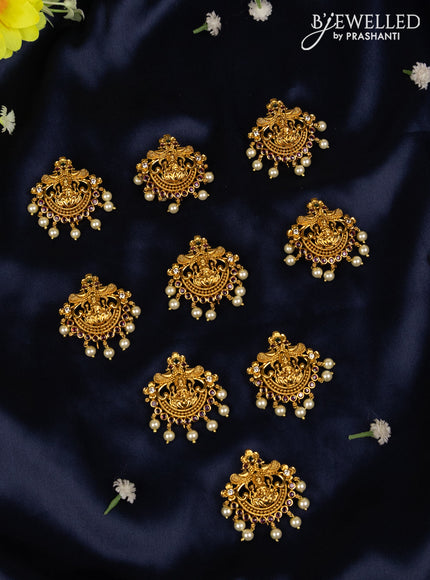 Jada billai with 9 pieces double peacock lakshmi style deisgn in multicolor kemp stones and pearl hanging