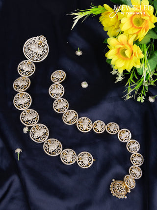 Jada billai peacock design in complete cz stones and removal type with jhumka hanging at the bottom