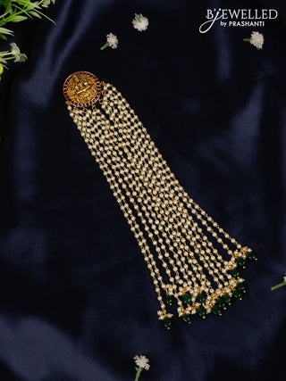Jada billai with pearl hangings and small circle lakshmi kemp stone pendant
