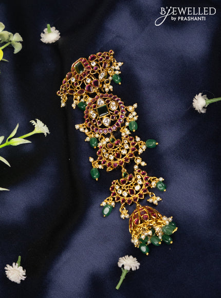Jada billai with floral deisgn in kemp stones and jhumka hanging