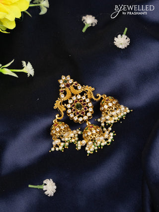 Jada billai double peacock deisgn in kemp stones and three jhumka hangings