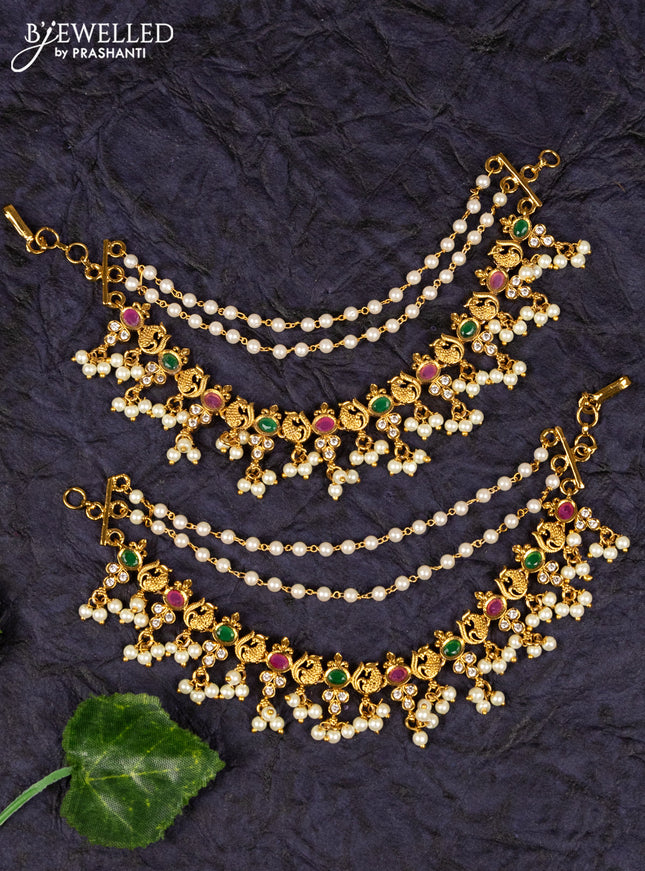 Antqiue maatal multilayer pearl and antique peacock multicolor kemp stones design