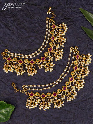 Antqiue maatal multilayer pearl and double peacock design in multicolor kemp stones