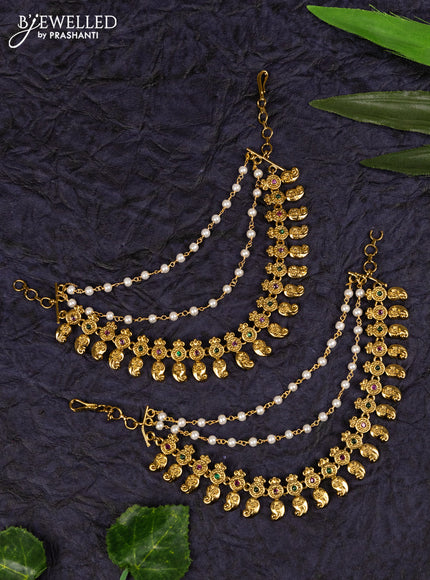 Antique maatal mango design in multilayer pearl and kemp stones