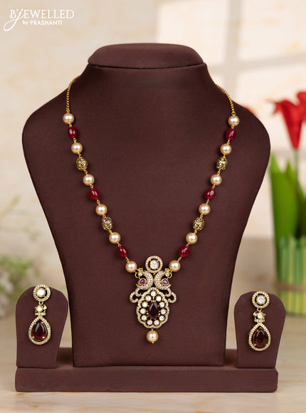 Beaded maroon necklace with double peacock design in victorian finish