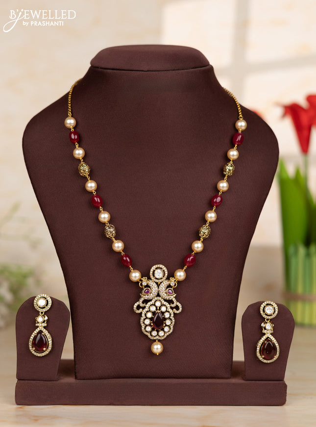 Beaded maroon necklace with double peacock design in victorian finish