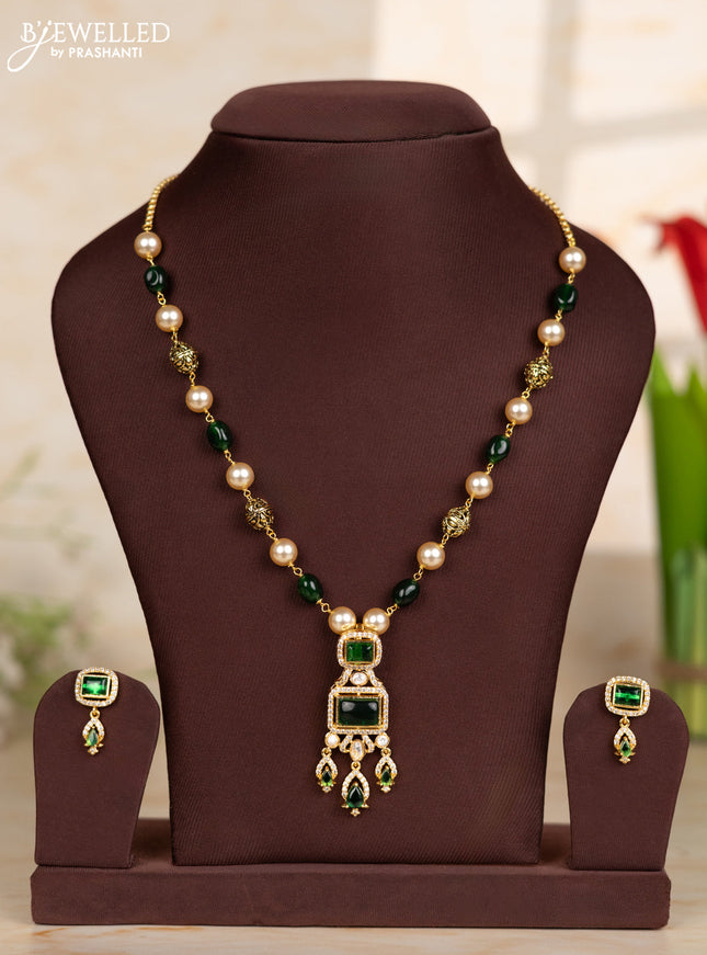 Beaded green necklace with rectangle design pendant in victorian finish