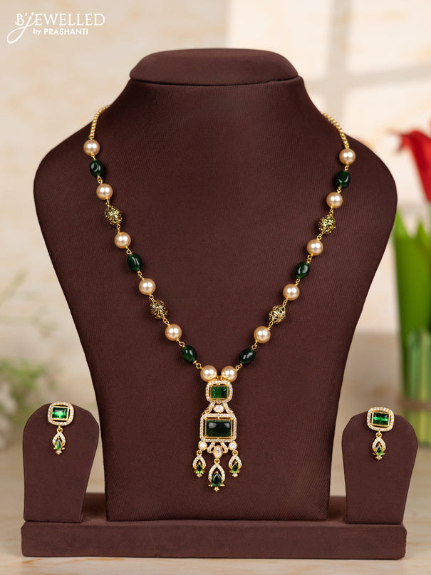 Beaded green necklace with rectangle design pendant in victorian finish