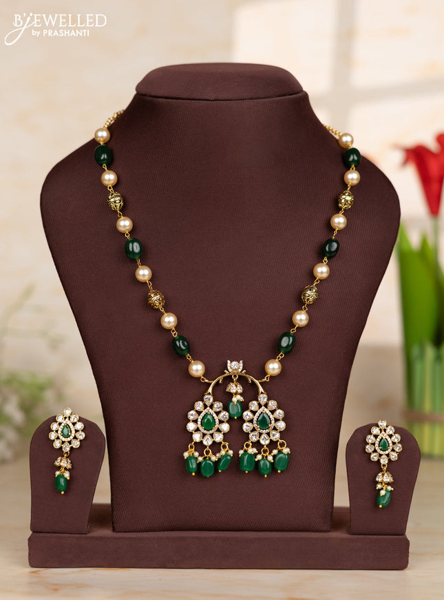 Beaded dark green necklace with tear drop shape pendant in victorian finish