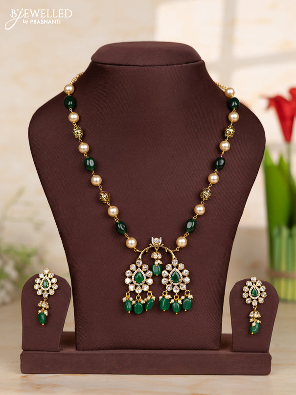 Beaded dark green necklace with tear drop shape pendant in victorian finish