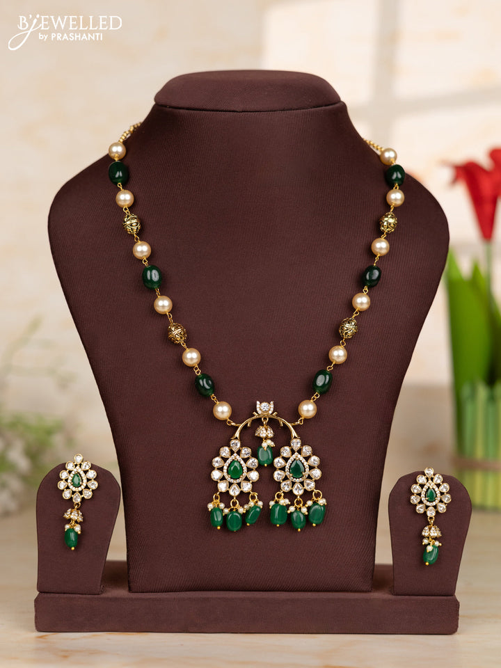 Beaded dark green necklace with tear drop shape pendant in victorian finish