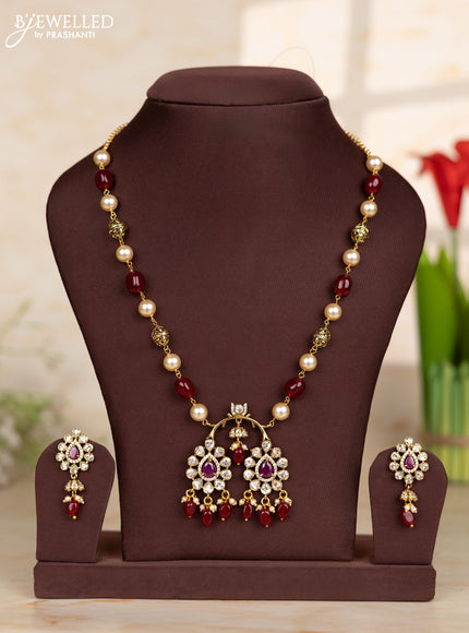 Beaded maroon necklace with tear drop shape pendant in victorian finish