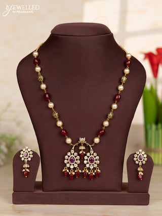 Beaded maroon necklace with tear drop shape pendant in victorian finish