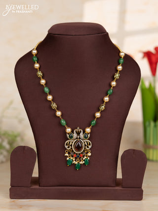 Beaded green necklace with double peacock design in victorian finish