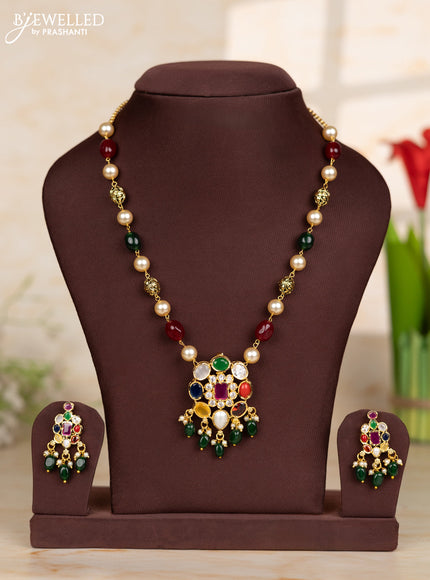 Beaded necklace with circle navratan pendant in victorian finish
