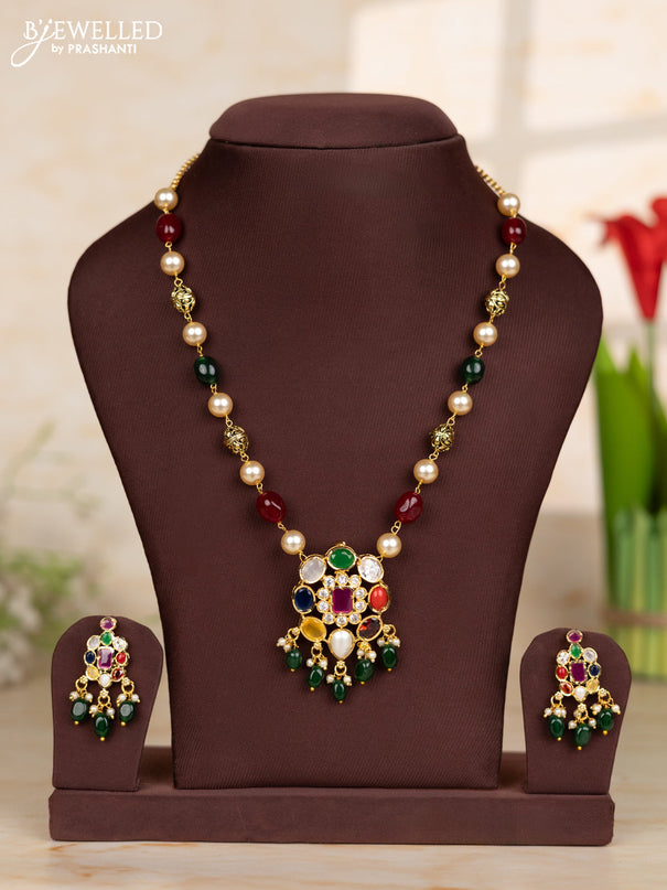 Beaded necklace with circle navratan pendant in victorian finish