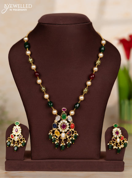 Beaded necklace with oval navratan pendant in victorian finish