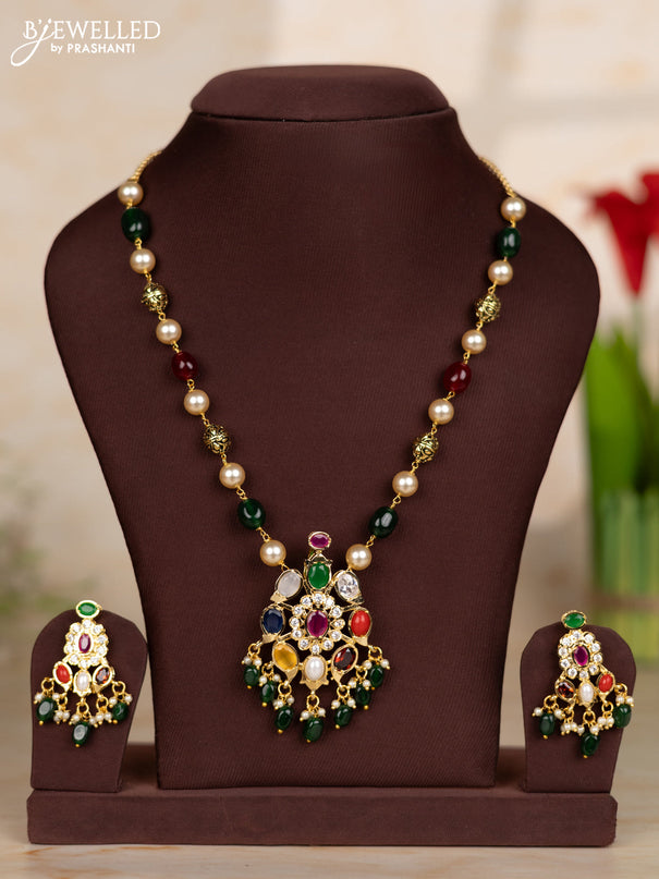 Beaded necklace with oval navratan pendant in victorian finish