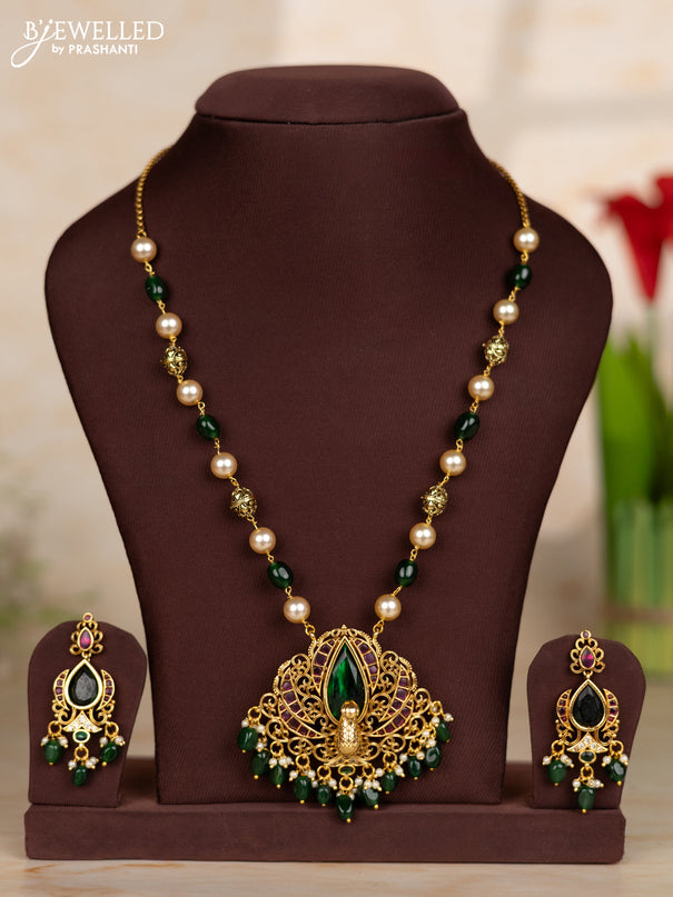 Beaded green necklace with 3D peacock design in victorian finish