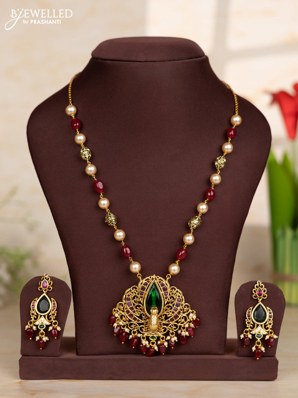 Beaded marron necklace with 3D peacock design in victorian finish