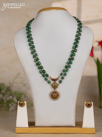 Beaded green necklace two layer with floral pendant in kemp and cz stones