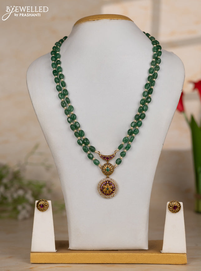 Beaded green necklace two layer with floral pendant in kemp and cz stones