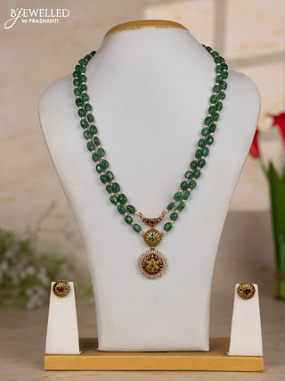 Beaded green necklace two layer with floral pendant in kemp and cz stones