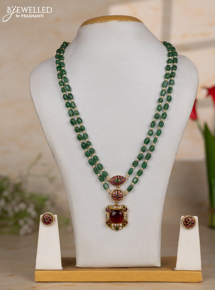 Beaded green necklace two layer with sqaure pendant in kemp and cz stones