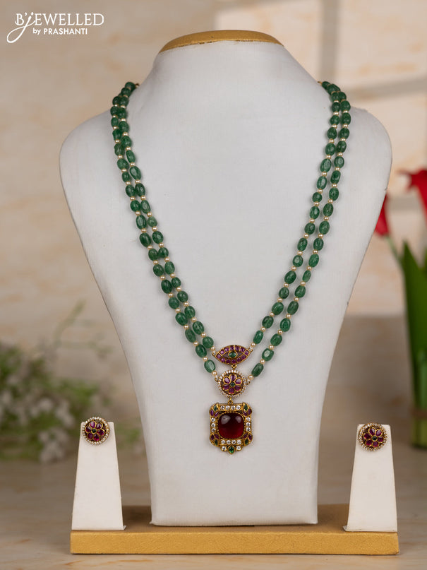 Beaded green necklace two layer with sqaure pendant in kemp and cz stones