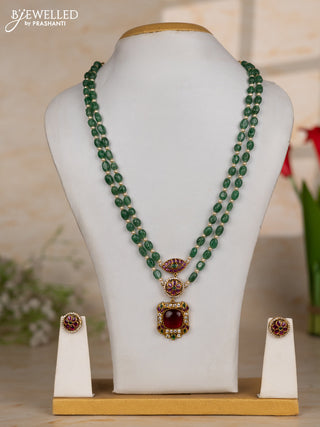 Beaded green necklace two layer with sqaure pendant in kemp and cz stones