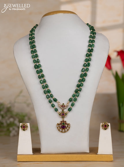 Beaded green necklace two layer with chandbali pendant in kemp and cz stones