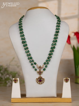 Beaded green necklace two layer with chandbali pendant in kemp and cz stones