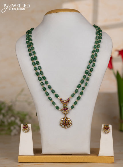 Beaded green necklace two layer with floral pendant in kemp and cz stones