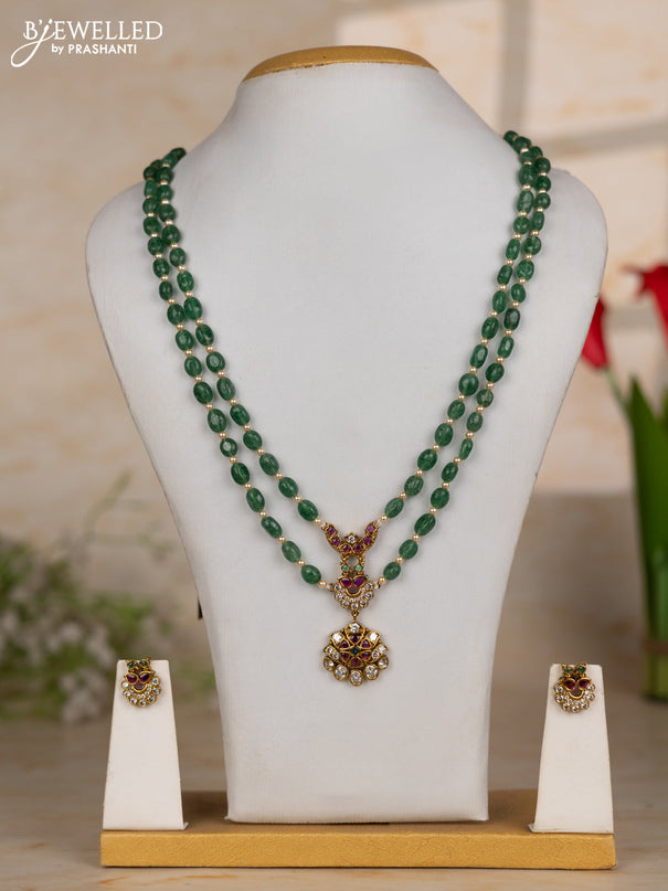 Beaded green necklace two layer with floral pendant in kemp and cz stones