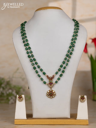 Beaded green necklace two layer with floral pendant in kemp and cz stones