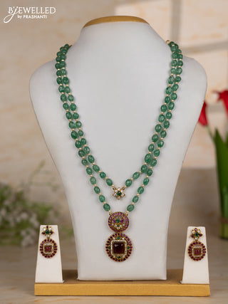 Beaded green necklace two layer with lotus & sqaure pendant in kemp and cz stones