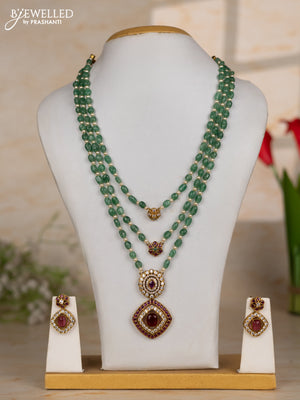 Beaded green necklace triple layer with pendants in kemp and cz stones