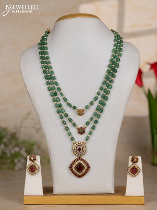 Beaded green necklace triple layer with pendants in kemp and cz stones