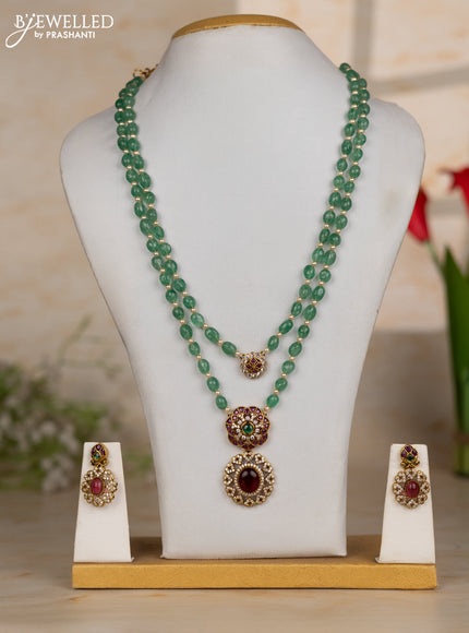 Beaded green necklace two layer with floral pendant in kemp and cz stones